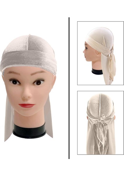 Mens Zarif Kadife Uzun Kuyruk Başlığı Beanie Chemo Hat Bej (Yurt Dışından)