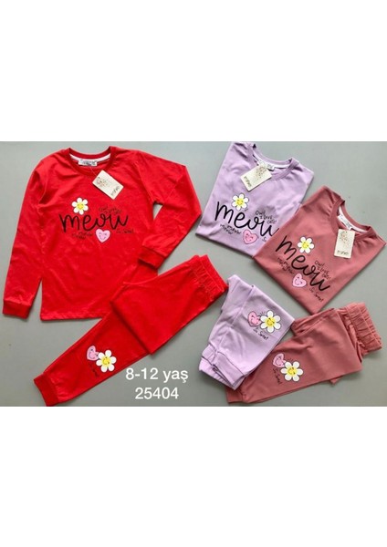 Isob Kırmızı Papatya Desenli %100 Pamuk Kız Çocuk Pijama Takımı 8-13 Yaş 25404-K