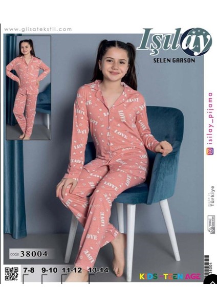 Işılay Selen Garson Pembe Love Desenli Uzun Kollu Önden Düğmeli Kız Çocuk Pijama Takımı 7-14 Yaş 38004