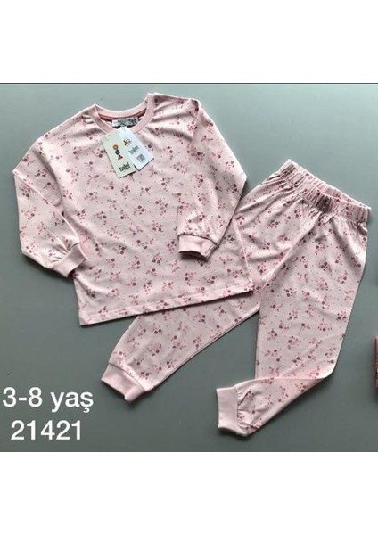 Isob Pembe Çiçek Desenli %100 Pamuk Kız Çocuk Pijama Takımı 3-8 Yaş 21421-P