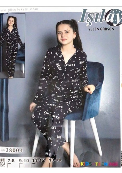 Işılay Selen Garson Lacivert Love Desenli Uzun Kollu Önden Düğmeli Kız Çocuk Pijama Takımı 7-14 Yaş 38004
