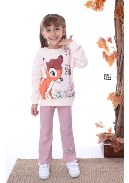 Pjk2i Bambi Desenli Gül Kurusu Fitilli Taytlı 2 Ip %100 Pamuk Kız Çocuk Takımı 3-10 Yaş 7222-GK