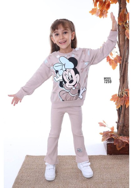 Pjk2i Minnie Desenli Bej Fitilli Taytlı 2 Ip %100 Pamuk Kız Çocuk Takımı 3-10 Yaş 7259-B
