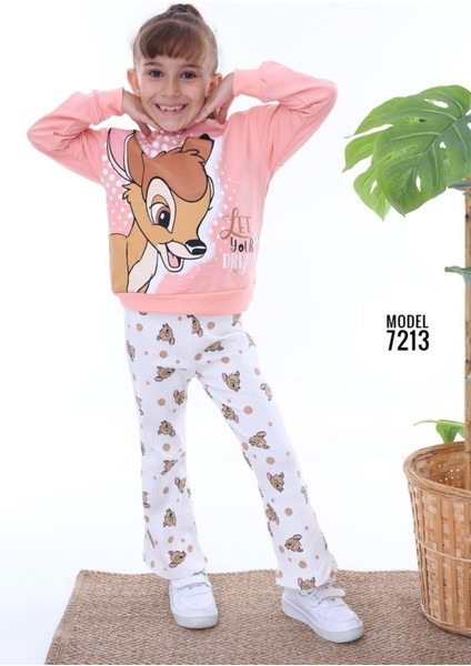 Pjk2i Bambi Desenli Pudra Fitilli Taytlı 2 Ip %100 Pamuk Kız Çocuk Takımı 3-10 Yaş 7213-PU