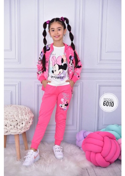 Minnie Mouse Hırkalı 3lü Içi Kısa Kollu Kız Çocuk Takım Fuşya 6010