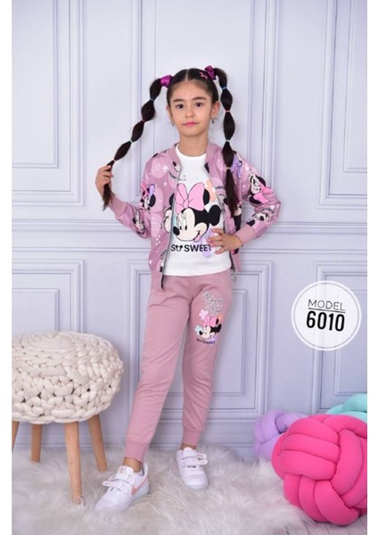 Minnie Mouse Hırkalı 3lü Içi Kısa Kollu Kız Çocuk Takım Gül Kurusu 6010