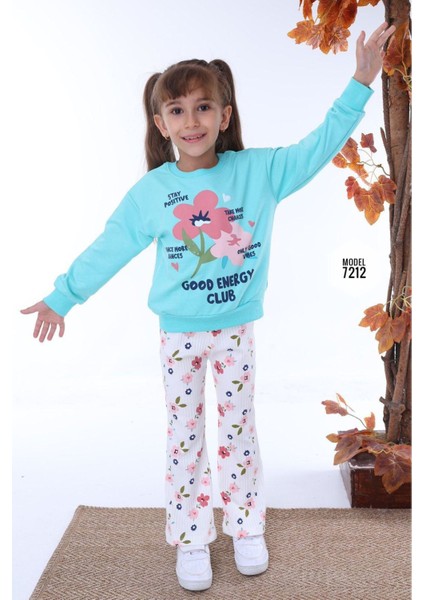 Pjk2i Çiçek Desenli Yeşil Fitilli Taytlı 2 Ip %100 Pamuk Kız Çocuk Takımı 3-10 Yaş 7212-Y