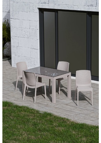 4 Kişilik 70 x 120 cm Rattan Masa Takımı Camlı Kolsuz Sandalye Bahçe Teras Takımı Oturma Grubu