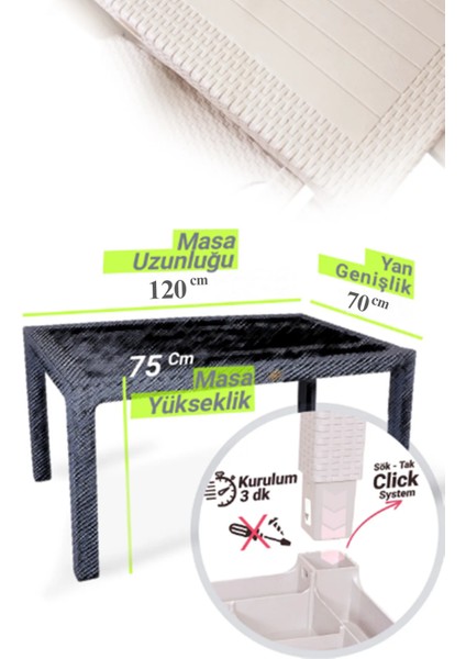 4 Kişilik 70 x 120 cm Rattan Masa Takımı Camlı Kolsuz Sandalye Bahçe Teras Takımı Oturma Grubu