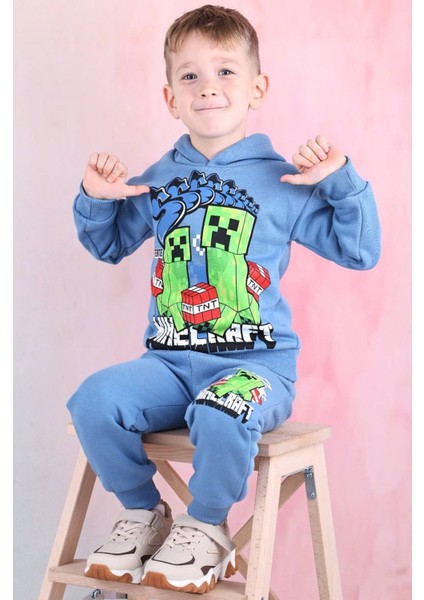 Pjk3i Minecraft Desenli Mavi 3 Ip Şardonlu Kapşonlu %100 Pamuk Erkek Çocuk Eşofman Takımı 3-10 Yaş 7394-M