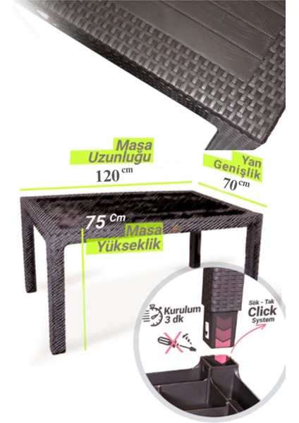 4 Kişilik 70 x 120 cm Rattan Masa Takımı Camlı Kolsuz Sandalye Bahçe Teras Takımı Oturma Grubu