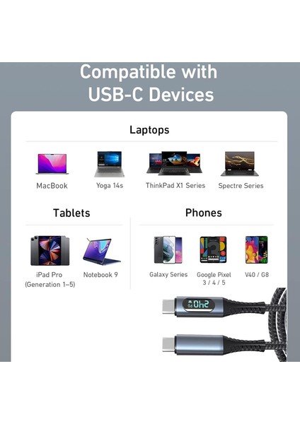 240W USB 4.0 Kablosu, LED Ekranlı, Tunderbolt 40GBPS 8K@60Hz Pd Tip C Kablosu, USB C - USB C Erkek - Erkek Kablo Kablosu Bilgisayar Type-C Laptop Pad Hub Için 1 Metre ZR850