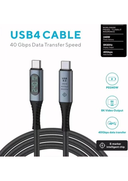 240W USB 4.0 Kablosu, LED Ekranlı, Tunderbolt 40GBPS 8K@60Hz Pd Tip C Kablosu, USB C - USB C Erkek - Erkek Kablo Kablosu Bilgisayar Type-C Laptop Pad Hub Için 1 Metre ZR850