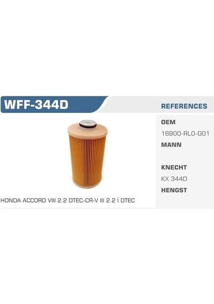 WFF-344D Mazot Filtresi Civic Iv 12-Accord Vııı 08-Crv Iıı 07-2.2ı Ctec 2.2ı Dtec Kolı: 50 Ad FN20060