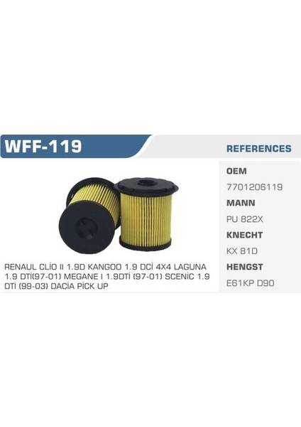 WFF-119 Mazot Filtresi Kangoo 98-Megane Laguna 1.9 Dcı 1.9d 1.9 Dtı Kolı: 24AD