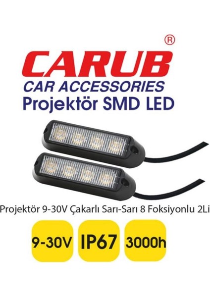 9V-36V ESCORT ÇAKAR FLAŞ LED LAMBA 8 FONKSİYONLU (ŞEFFAF) (SARI/SARI) (2 ADET)