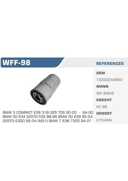 Wff-98 Mazot Filtresi Bmw E36 318TDS 325TD 325TDS E34 Td 525TDS E39 525TD 525TDS Kolı: 50 Ad