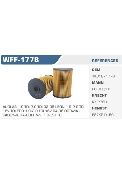 WFF-177B Mazot Filtresi Golf V 03-Jetta Iıı 05-Caddy Iıı 04-Touran 03-A3 Octavia 04-1.9 Tdı 2.0 Tdı Kolı: 50 Ad