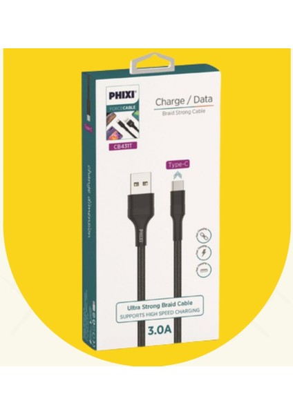 CB431T Hasır Örgü ve Güçlendirilmiş Silikon Başlıklı Type-C USB 3.0 Hızlı Şarj ve Data Kablosu