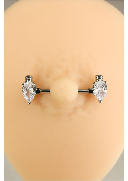 Gümüş Renk Taşlı Nipple Piercing