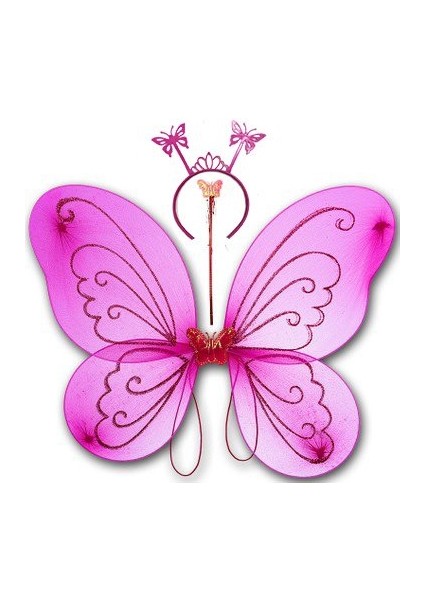 Fuşya Renk Kelebek Kanadı Tacı ve Sopası 50X37 cm