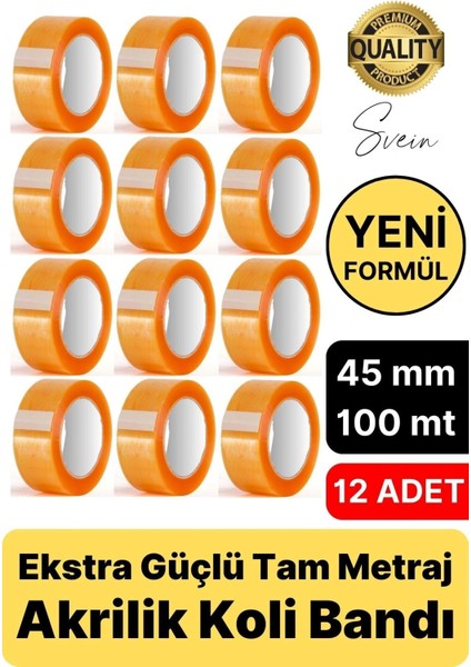 Ekstra Güçlü Yeni Formül 12 Adet 45 mm x 100 mt Koli Bandı Şeffaf Dayanıklı Bant Taşınma Ambalaj