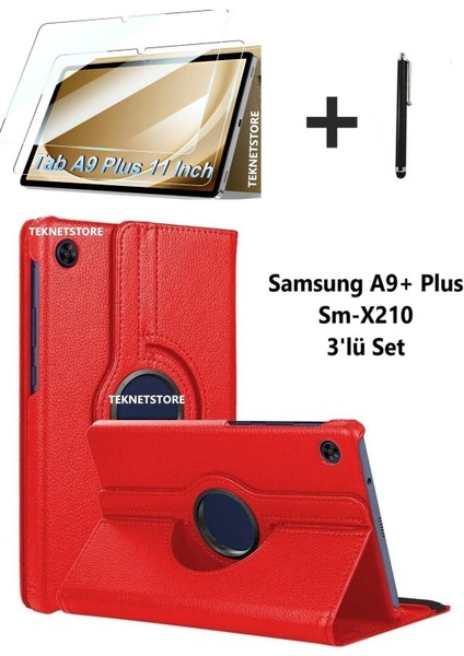 Samsung Galaxy Tab A9+ Plus 11 Inç Tablet Uyumlu 360 Döner Pu Deri Kılıf Seti SM-X210