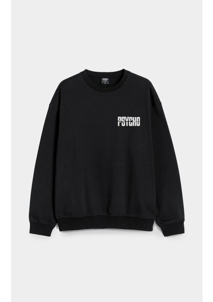 psycho Baskılı Bisiklet Yaka Oversize Kapşonsuz Siyah 3 Iplik Sweatshirt