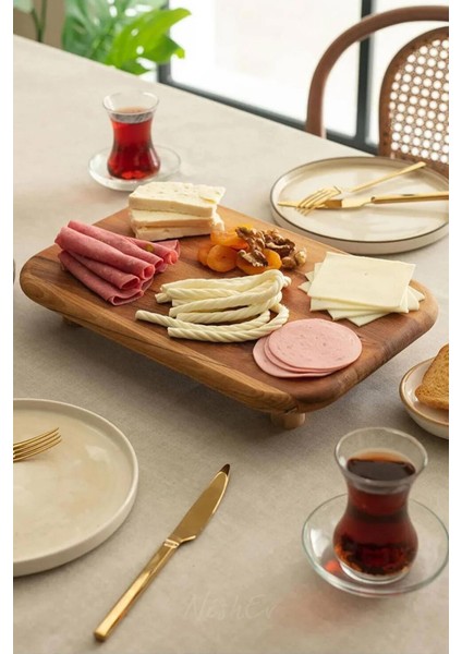 Kayın Dikdörtgen Ayaklı Kahvaltı Peynir Sunum Servis Tabağı