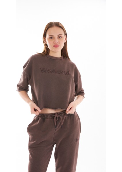 Kadın/kısa Kol /yıkama Efektli /ön Nakışlı /crop Sweatshirt