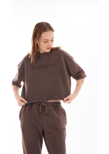 Kadın/kısa Kol /yıkama Efektli /ön Nakışlı /crop Sweatshirt fırsatları