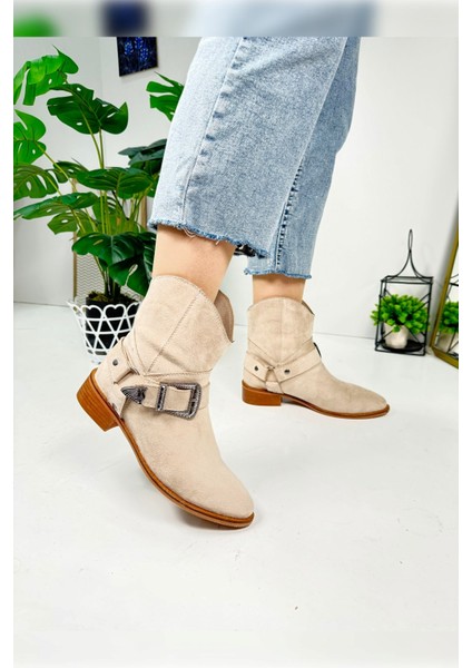 Günlük Kadın Düz Süet Bot Oval Burunlu Toka Detaylı Tırtıklı Taban Kovboy Bot 281 indirimleri