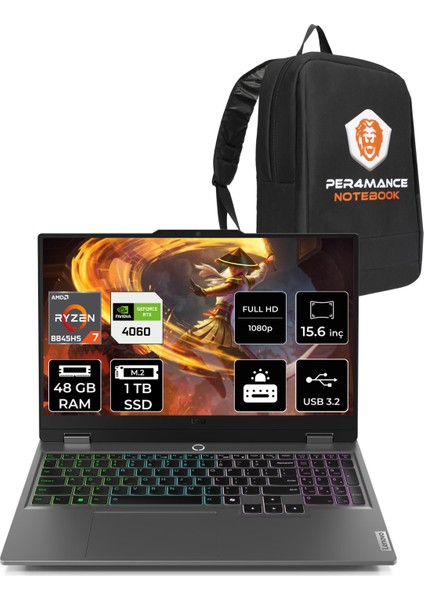 Loq Aı Amd Ryzen 7 8845HS 48GB 1tb SSD RTX4060/8GB 115W 15.6" Fhd 144Hz Fdos Taşınabilir Bilgisayar & Per4 Çanta 83DX00B1TRP328