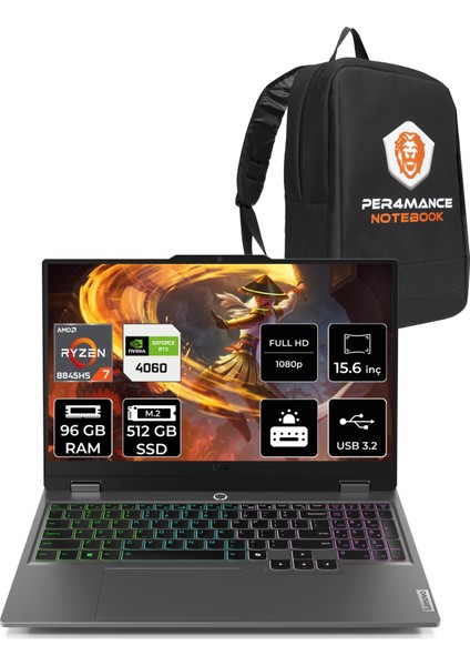 Loq Aı Amd Ryzen 7 8845HS 96GB 512GB SSD RTX4060/8GB 115W 15.6" Fhd 144Hz Fdos Taşınabilir Bilgisayar & Per4 Çanta 83DX00B1TRP337