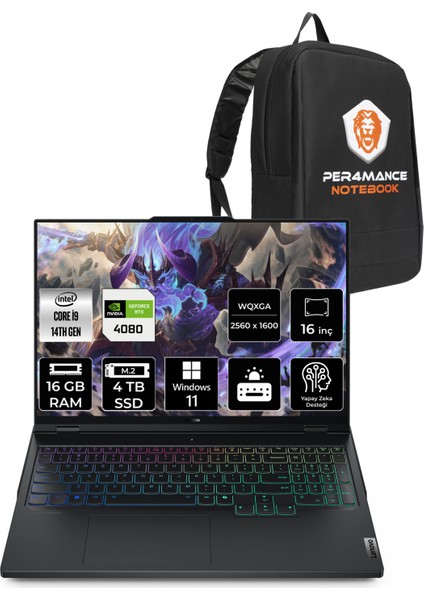 Legion Pro 7 Intel Core I9 14900HX 16GB 4tb SSD RTX4080/12GB 175W 16" Qhd+ 240Hz W11P Taşınabilir Bilgisayar & Per4 Çanta 83DE0086TRP390