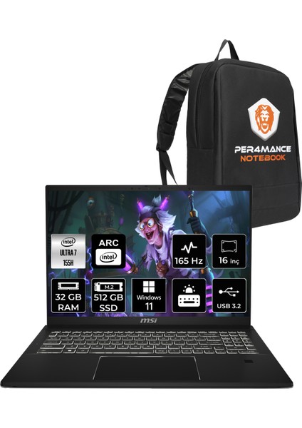 Msı Summit E16 Aı Evo Intel Core Ultra 7 155H 32GB 512GB SSD 16" Qhd+ 165Hz W11P Touch 2-In-1 Taşınabilir Bilgisayar & Per4 Çanta A1MTG015TRP307