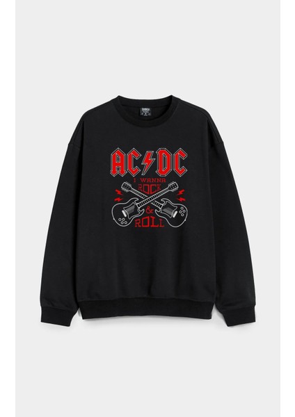 Ac Dc Müzik Grubu Baskılı bisiklet Yaka Kapşonsuz Oversize Sweatshirt