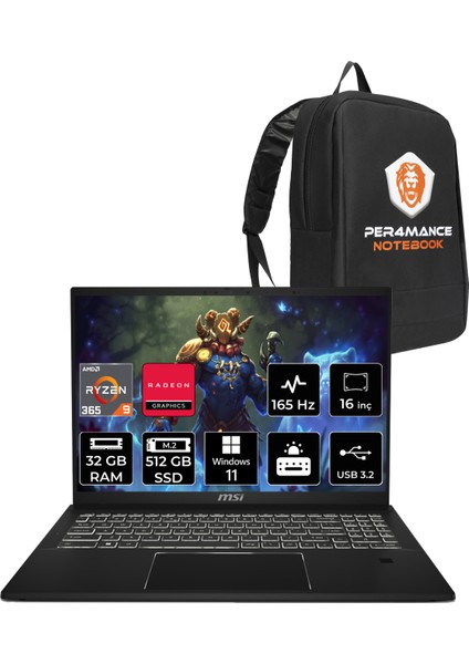 Msı Summit A16 Aı+ Amd Ryzen Aı 9 365 32GB 512GB SSD 16" Qhd+ 165Hz W11H Touch 2-In-1 Taşınabilir Bilgisayar & Per4 Çanta A3HMTG038TRP302