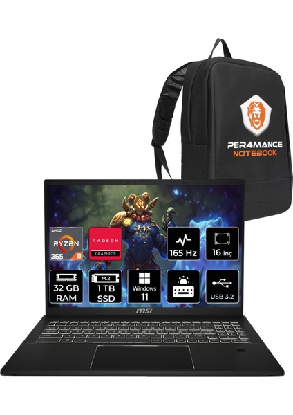 Msı Summit A16 Aı+ Amd Ryzen Aı 9 365 32GB 1tb SSD 16" Qhd+ 165Hz W11P Touch 2-In-1 Taşınabilir Bilgisayar & Per4 Çanta A3HMTG038TRP308