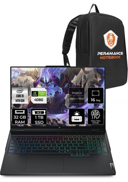 Legion Pro 7 Intel Core I9 14900HX 32GB 1tb SSD RTX4080/12GB 175W 16" Qhd+ 240Hz Fdos Taşınabilir Bilgisayar & Per4 Çanta 83DE0086TRP318