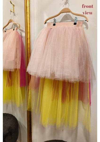 Kız Çocuk Tüllü Arkası Uzun Kat Kat Tütü Etek - Özel Gün ve Doğum Günü Kıyafeti - Pudra, Fuşya, Sarı