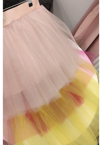Kız Çocuk Tüllü Arkası Uzun Kat Kat Tütü Etek - Özel Gün ve Doğum Günü Kıyafeti - Pudra, Fuşya, Sarı fırsatları