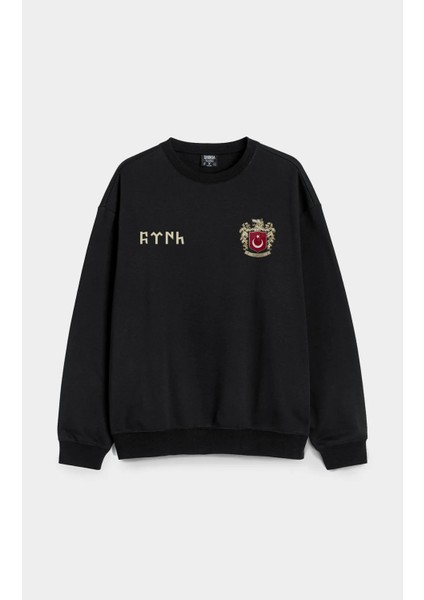 Türk Bozkurt Bisiklet Yaka Kapşonsuz Pamuklu Oversize Siyah Sweatshirt