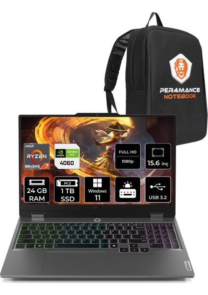 Loq Aı Amd Ryzen 7 8845HS 24GB 1tb SSD RTX4060/8GB 115W 15.6" Fhd 144Hz W11H Taşınabilir Bilgisayar & Per4 Çanta 83DX00B1TRP353