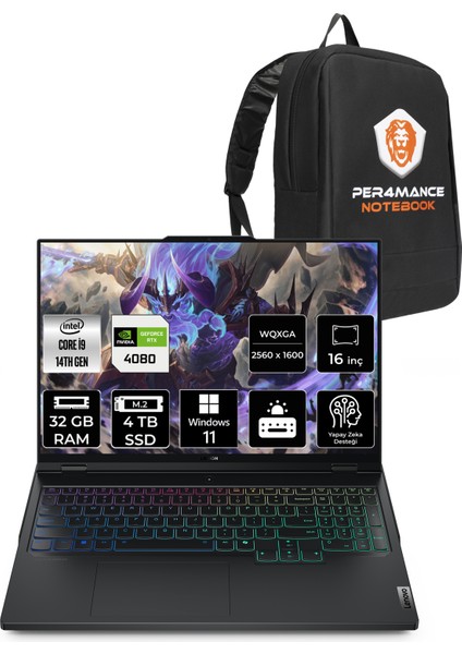 Legion Pro 7 Intel Core I9 14900HX 32GB 4tb SSD RTX4080/12GB 175W 16" Qhd+ 240Hz W11P Taşınabilir Bilgisayar & Per4 Çanta 83DE0086TRP400