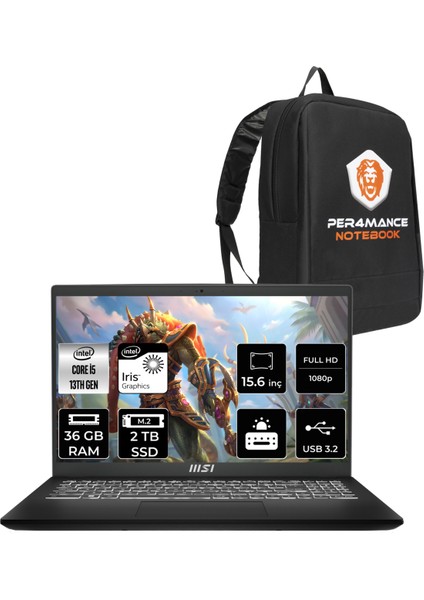 Msı Modern 15 Intel Core I5 1335U 36GB 2tb SSD 15.6" Fhd Fdos Taşınabilir Bilgisayar & Per4 Çanta F13MG031XTRP334
