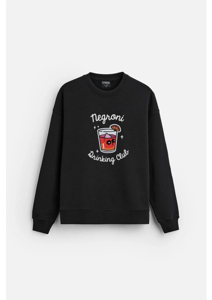 Negroni Kokteyl Baskılı Bisiklet Yaka Kapşonsuz Pamuklu Oversize Siyah Sweatshirt
