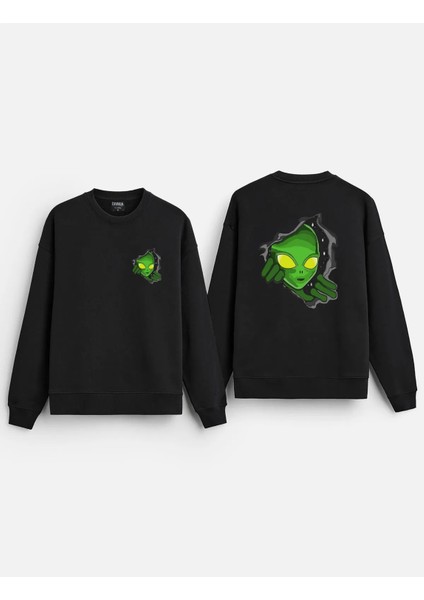 Alien Uzaylı Baskılı Bisiklet Yaka Kapşonsuz Pamuklu Oversize Siyah Sweatshirt