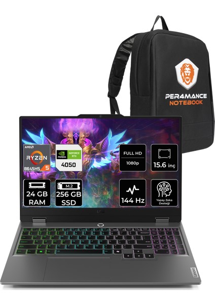 Loq Aı Amd Ryzen 5 8645HS 24GB 256GB SSD RTX4050/6GB 105W 15.6" Fhd 144Hz Fdos Taşınabilir Bilgisayar & Per4 Çanta 83DX008DTRP311