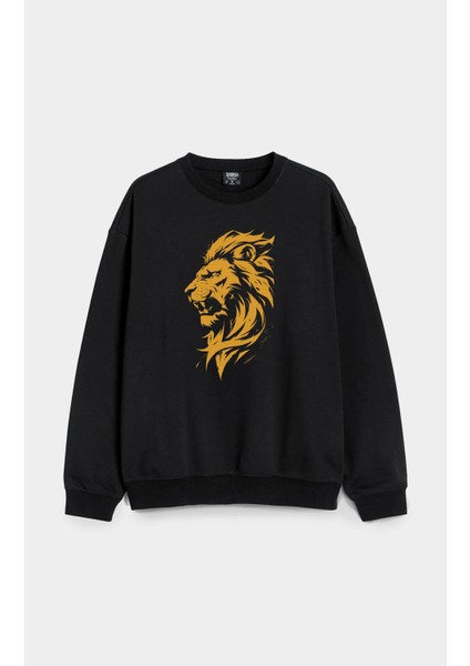 Aslan Lion Baskılı Bisiklet Yaka Kapşonsuz Oversize Siyah 3 Iplik Sweatshirt